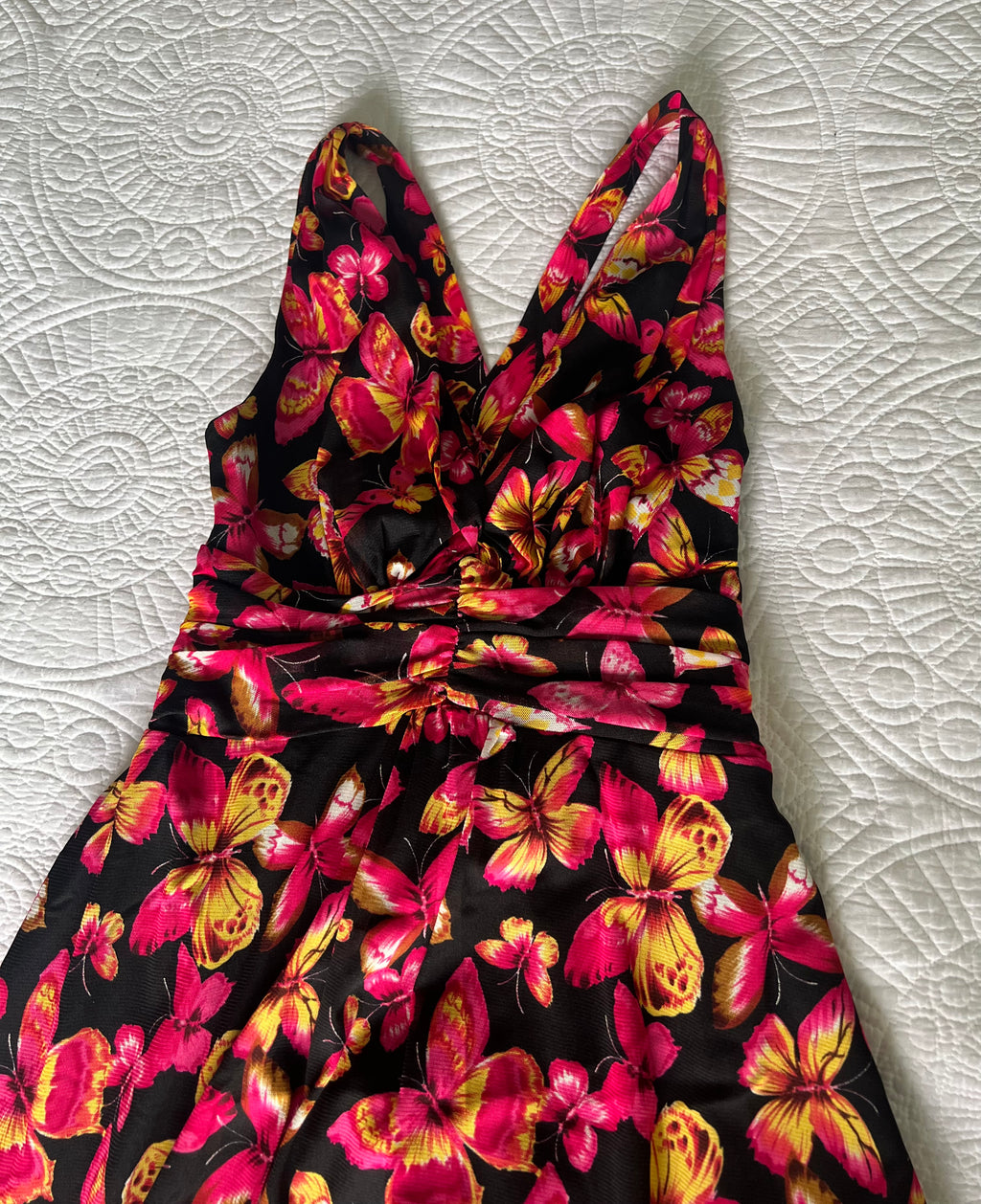 Pink/black floral midi dress
