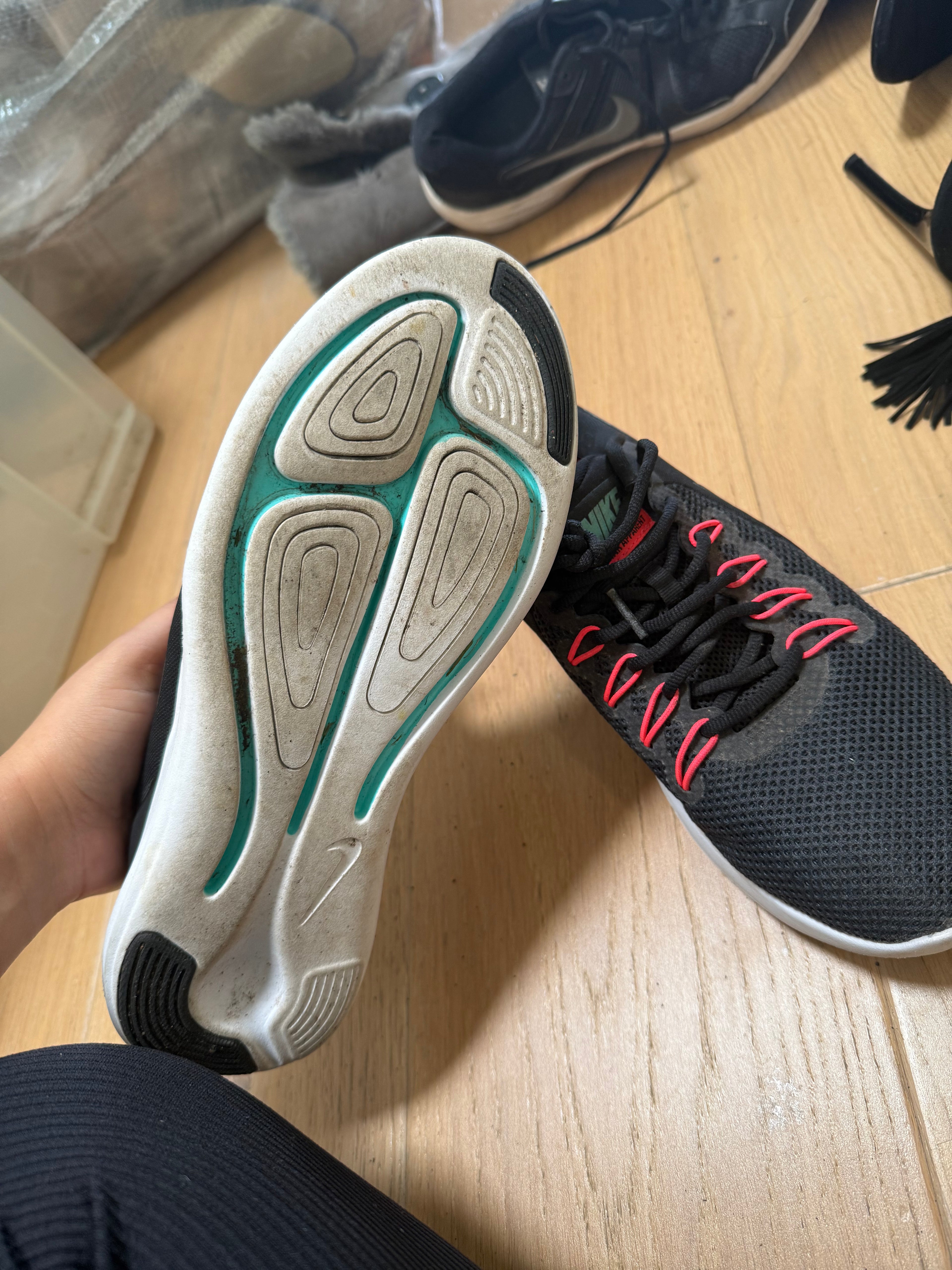 Black and white nike running shoes
