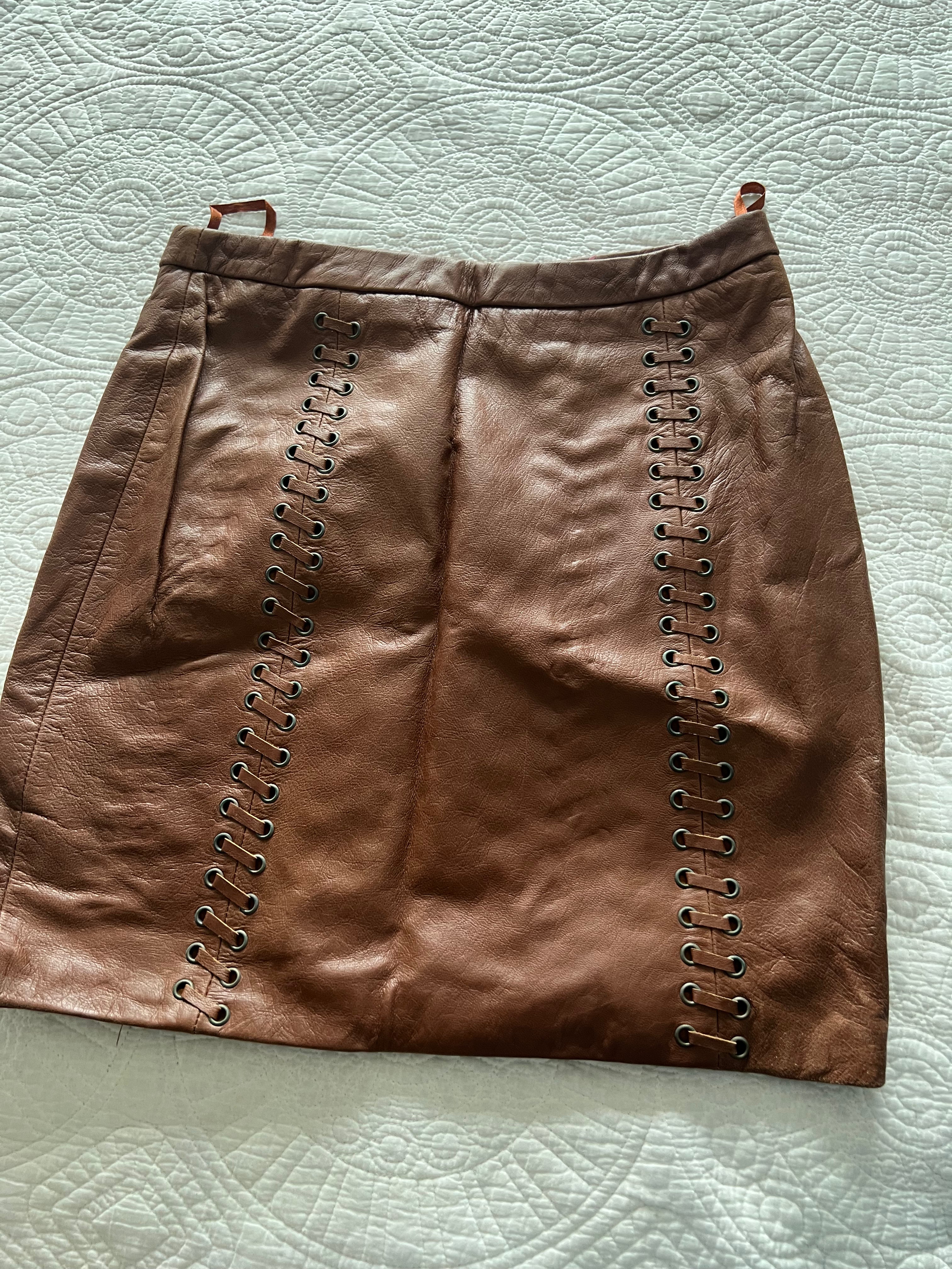 Brown leather mini skirt