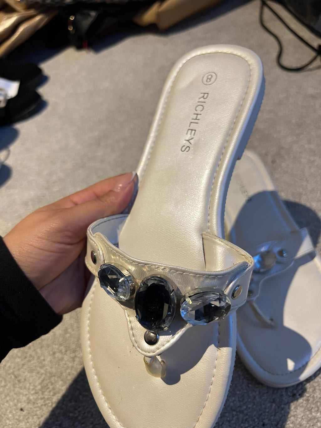 Cream jewel flip flops