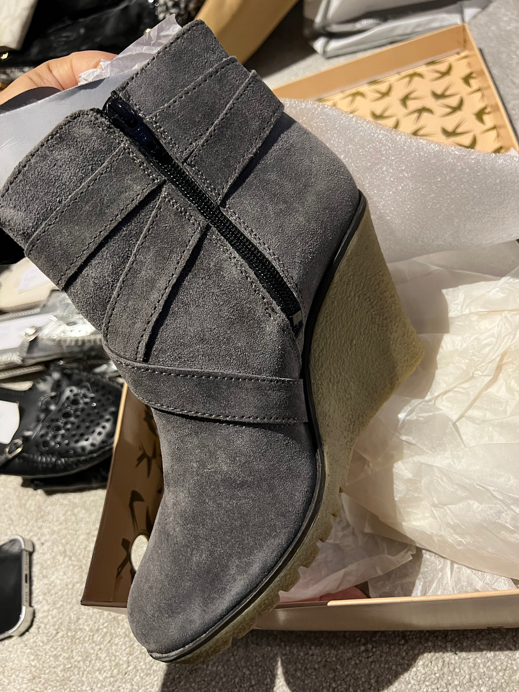 Grey wedge boots