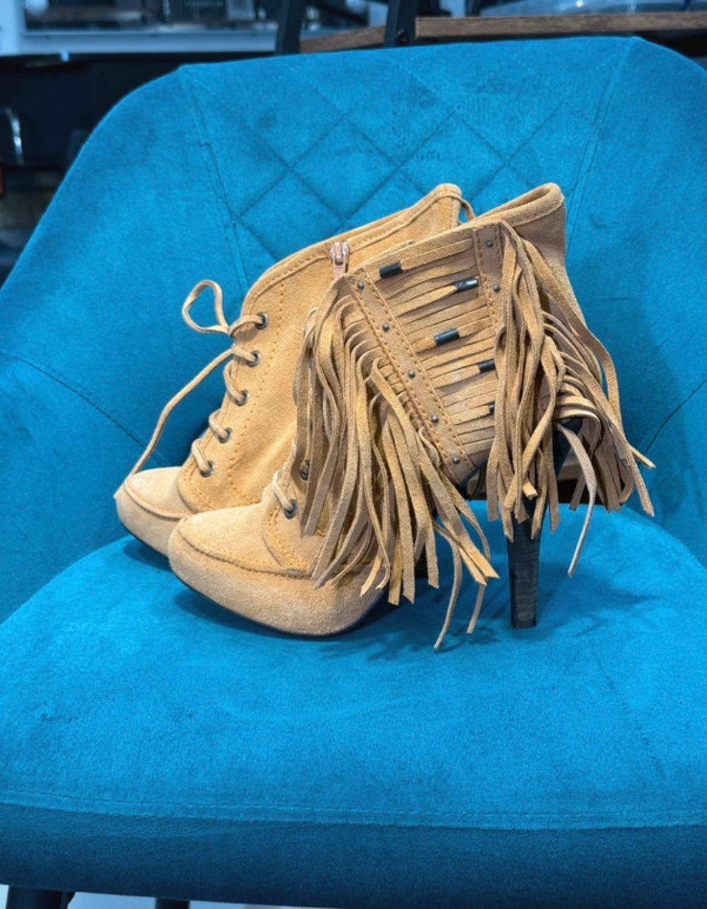 Tan Suede Lace-Up Ankle Boots with Fringe & Stud Detail