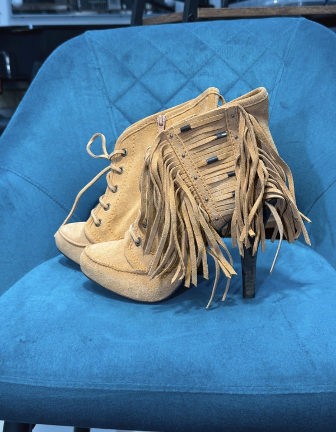 Tan Suede Lace-Up Ankle Boots with Fringe & Stud Detail