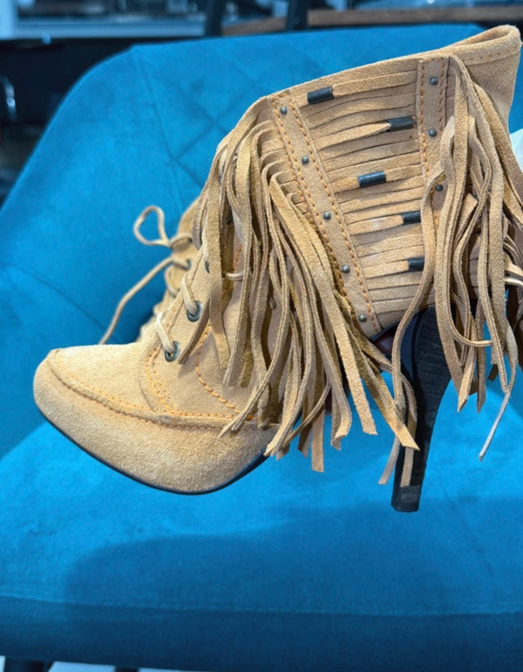 Tan Suede Lace-Up Ankle Boots with Fringe & Stud Detail