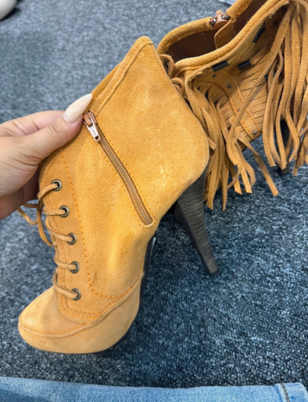 Tan Suede Lace-Up Ankle Boots with Fringe & Stud Detail