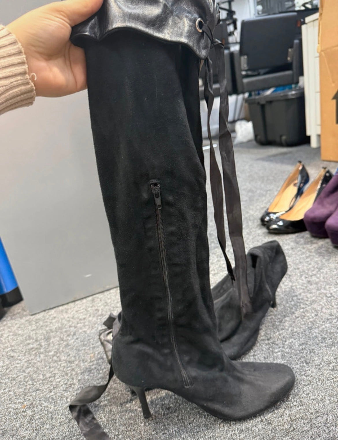 Black Over-the-Knee Stiletto Boots with Faux Leather Cuff