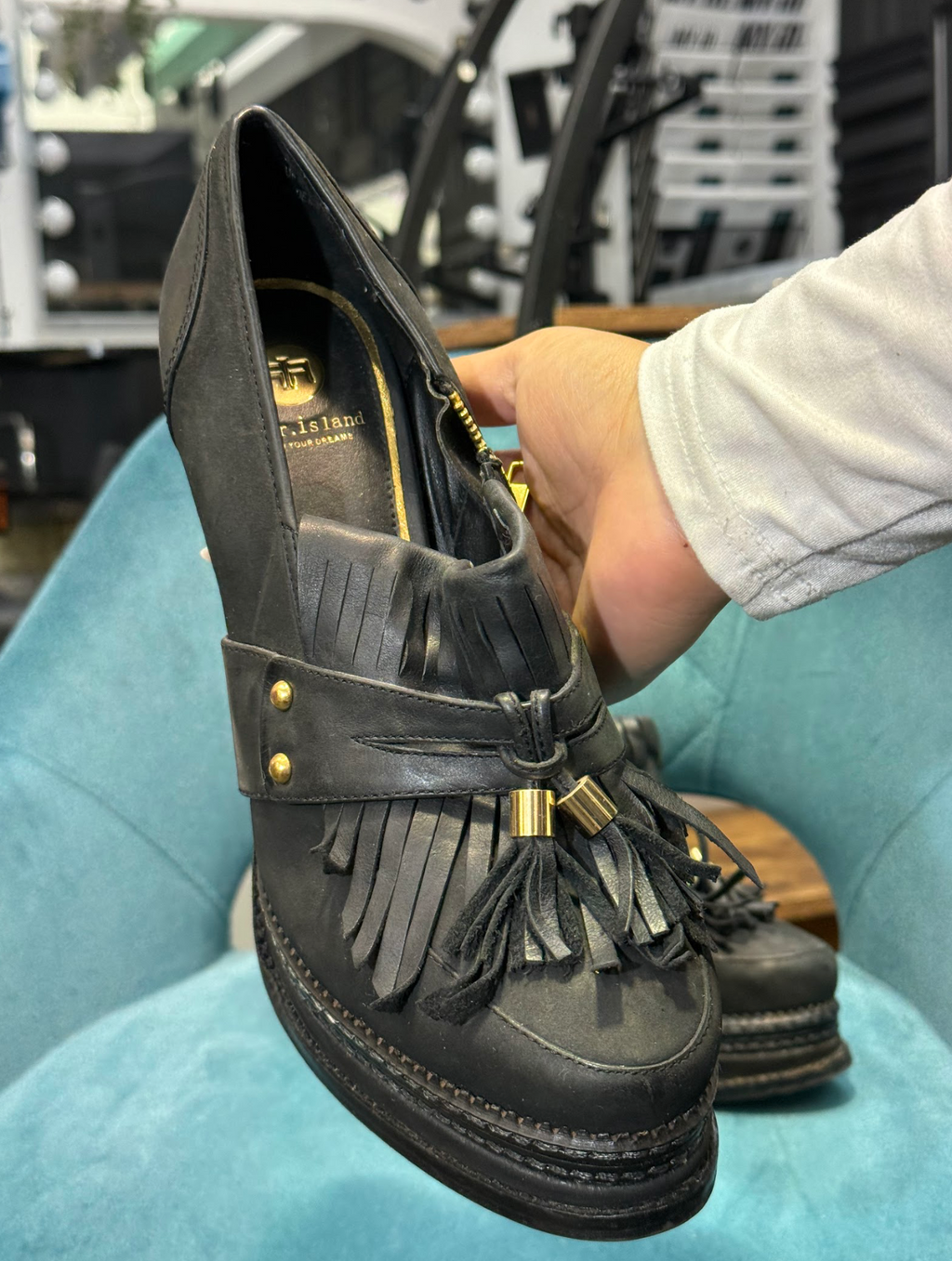 Black Leather Heel Loafers with Fringe & Tassel Detail