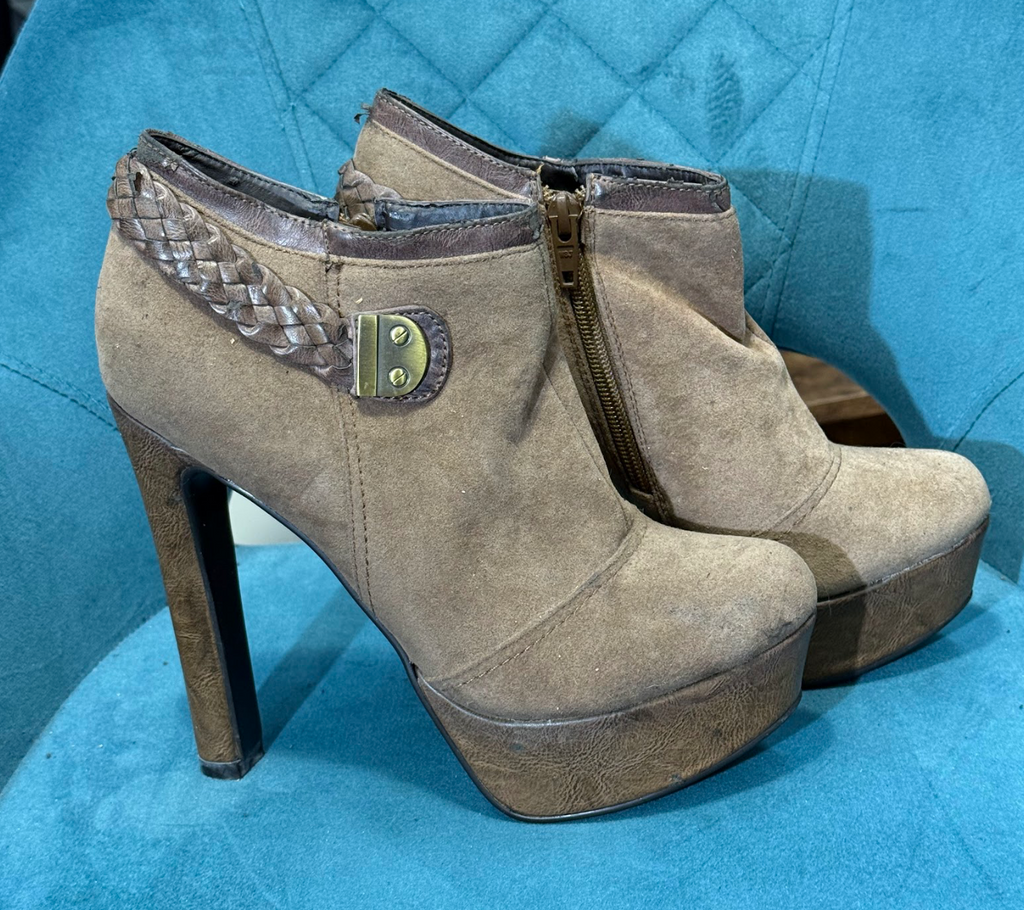 Tan Suede Platform Ankle Boots with Braided Detail