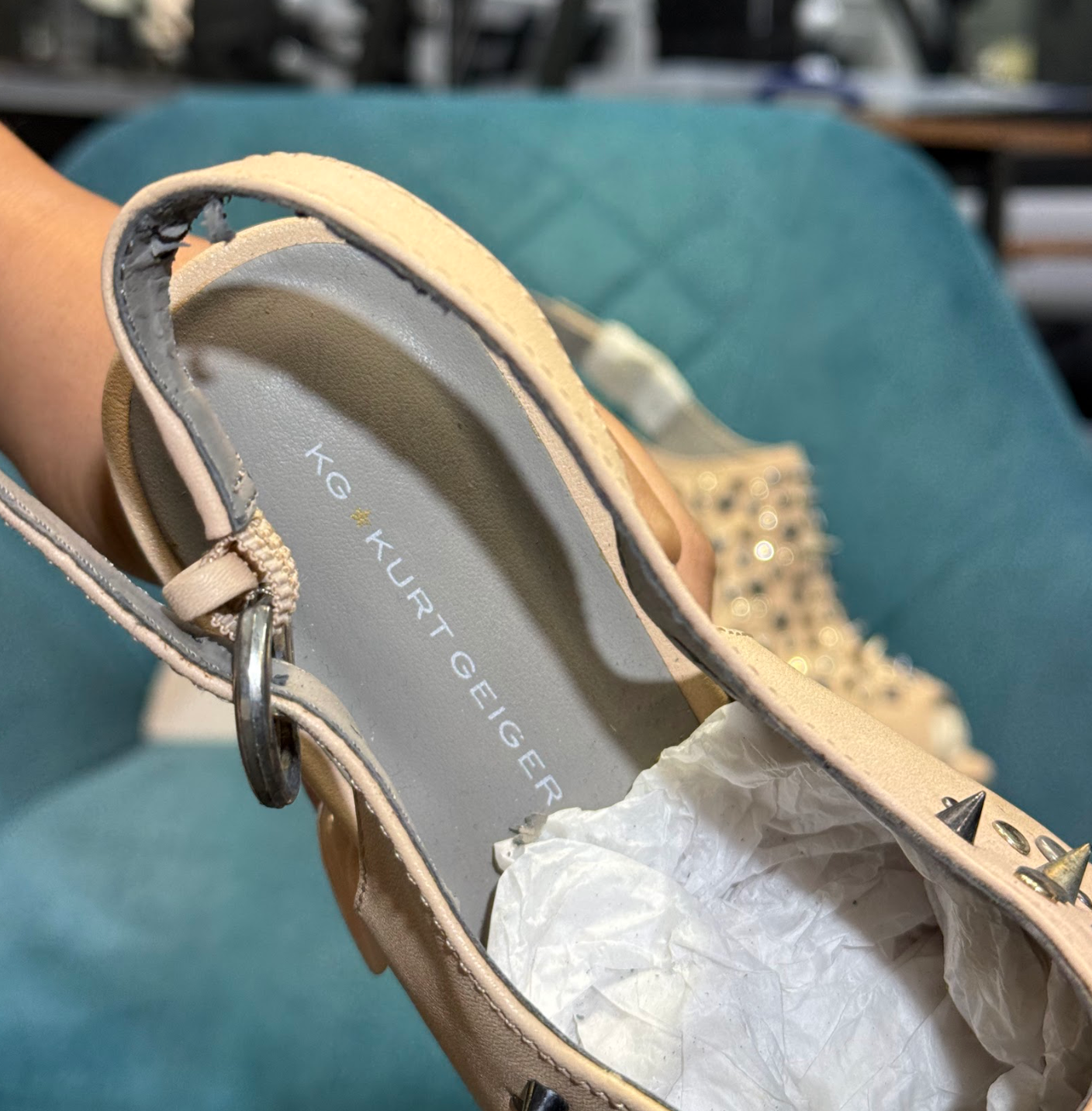 CreamFaux Suede Platform Heels with Stud & Rhinestone Embellishments