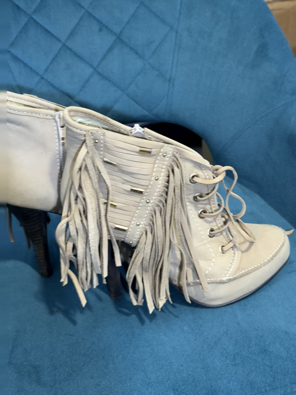 Cream Suede Lace-Up Ankle Boots with Fringe & Stud Detail – SIZE 7